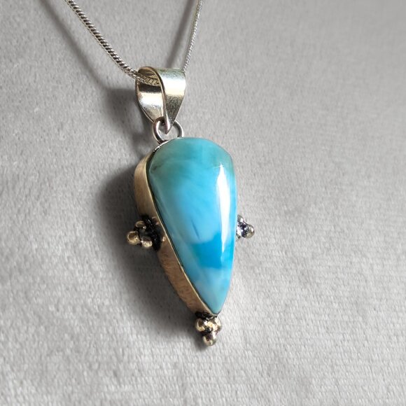 NEW LARIMAR TEAR DROP HANDCRAFTED METAL WORK 18" STERLING CHAIN - Picture 1 of 11